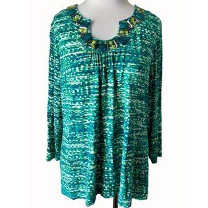 Ruby Rd quarter sleeve green beaded embellished scoop neckline spandex top Large